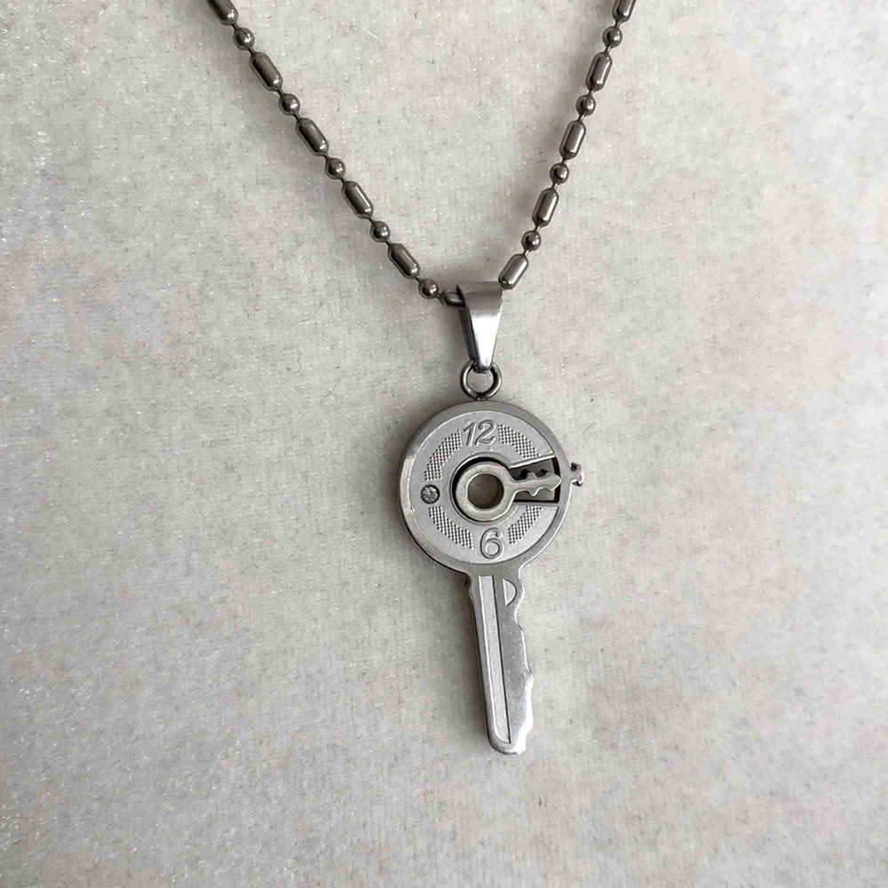 Silver Steampunk Key Clock Face Dial Industrial Minimalist Pendant Necklace